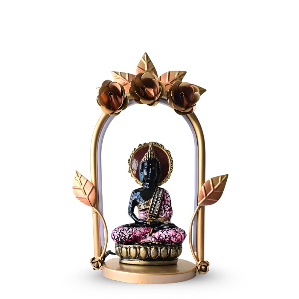 Lord Buddha Figurine with Metal Arch Frame & LED Light | Handcrafted Spiritual Tabletop Showpiece for Home, Office & Pooja Room | Multicolor | 10 x 6 x 13.5 Inch