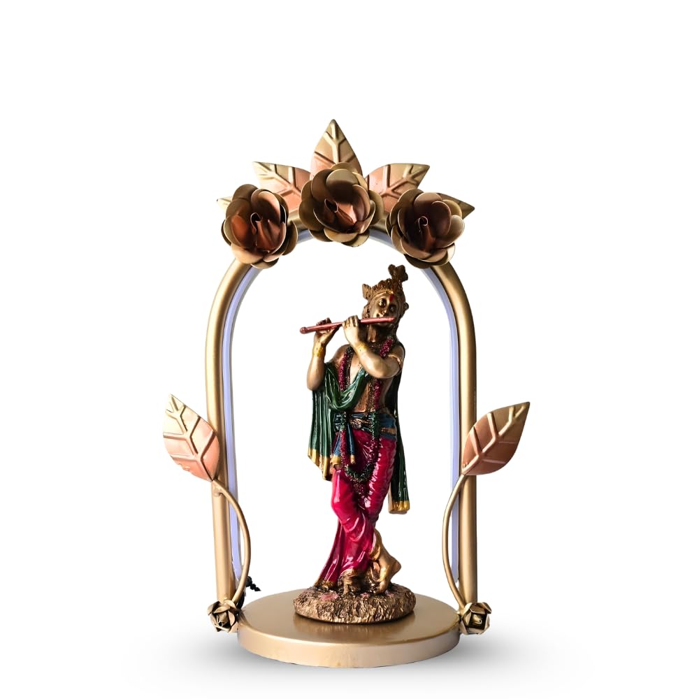 Lord Krishna Metal Figurine with LED Arch Frame | Handcrafted Decorative Showpiece for Home Temple