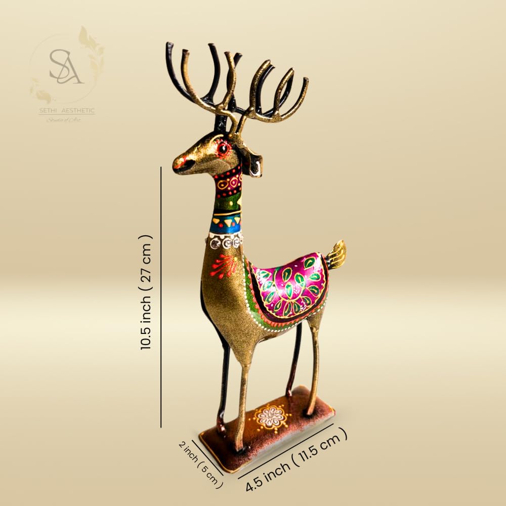 Handpainted Iron Deer Showpiece with Colorful Ethnic Design