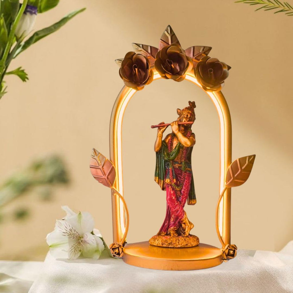 Lord Krishna Metal Figurine with LED Arch Frame | Handcrafted Decorative Showpiece for Home Temple