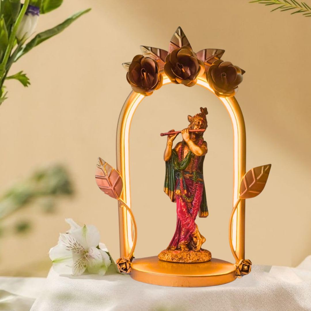 Lord Krishna Metal Figurine with LED Arch Frame | Handcrafted Decorative Showpiece for Home Temple