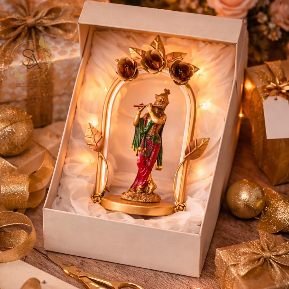 Lord Krishna Metal Figurine with LED Arch Frame | Handcrafted Decorative Showpiece for Home Temple
