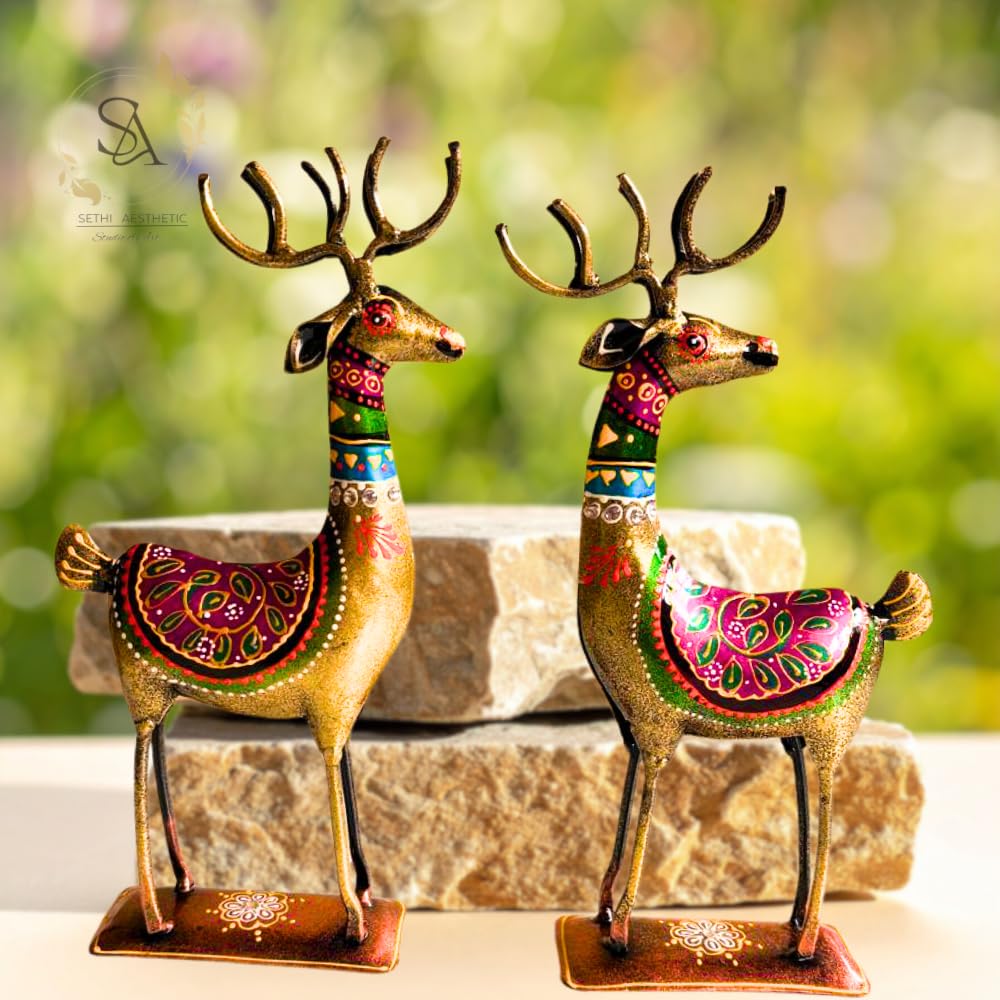 Handpainted Iron Deer Showpiece with Colorful Ethnic Design