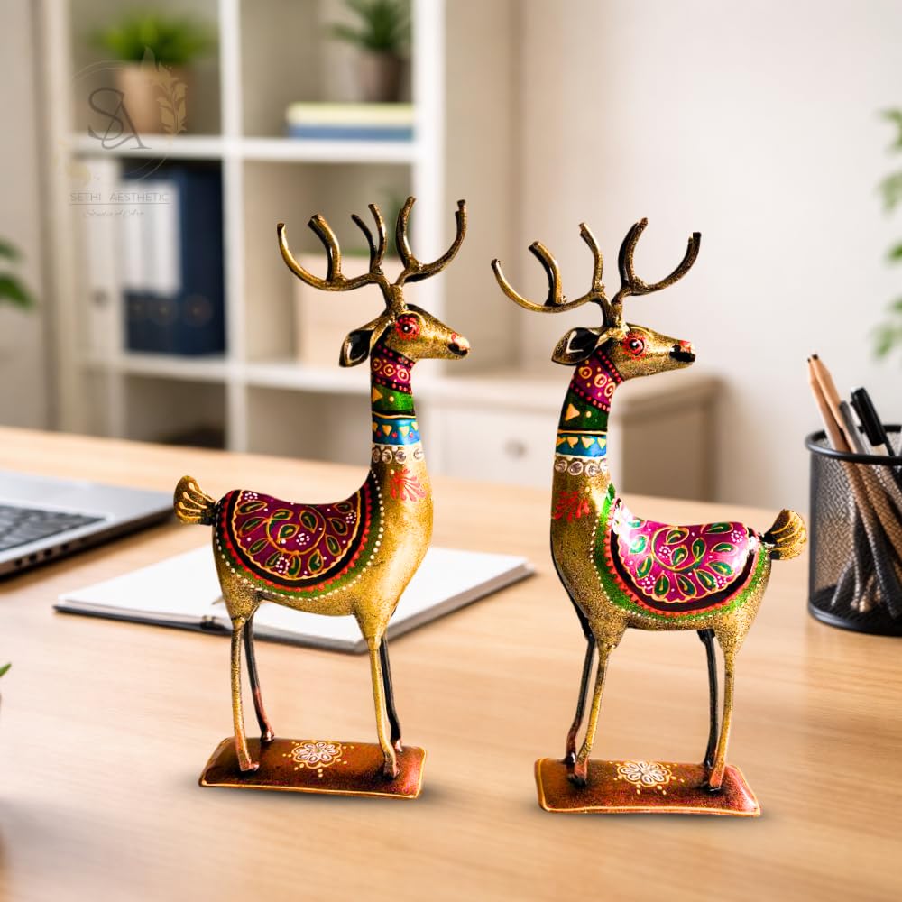 Handpainted Iron Deer Showpiece with Colorful Ethnic Design