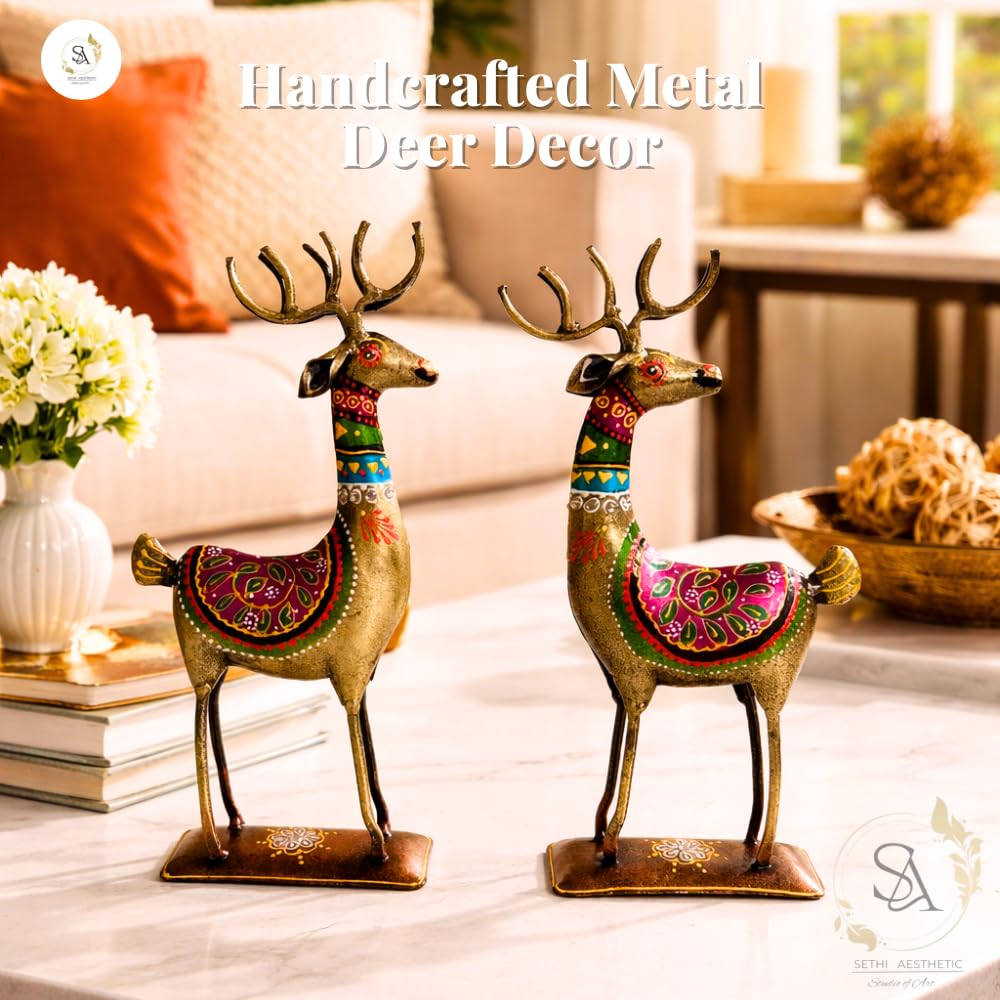 Handpainted Iron Deer Showpiece with Colorful Ethnic Design