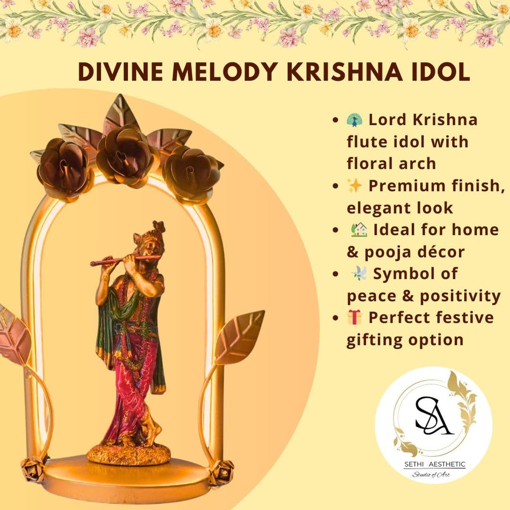 Lord Krishna Metal Figurine with LED Arch Frame | Handcrafted Decorative Showpiece for Home Temple