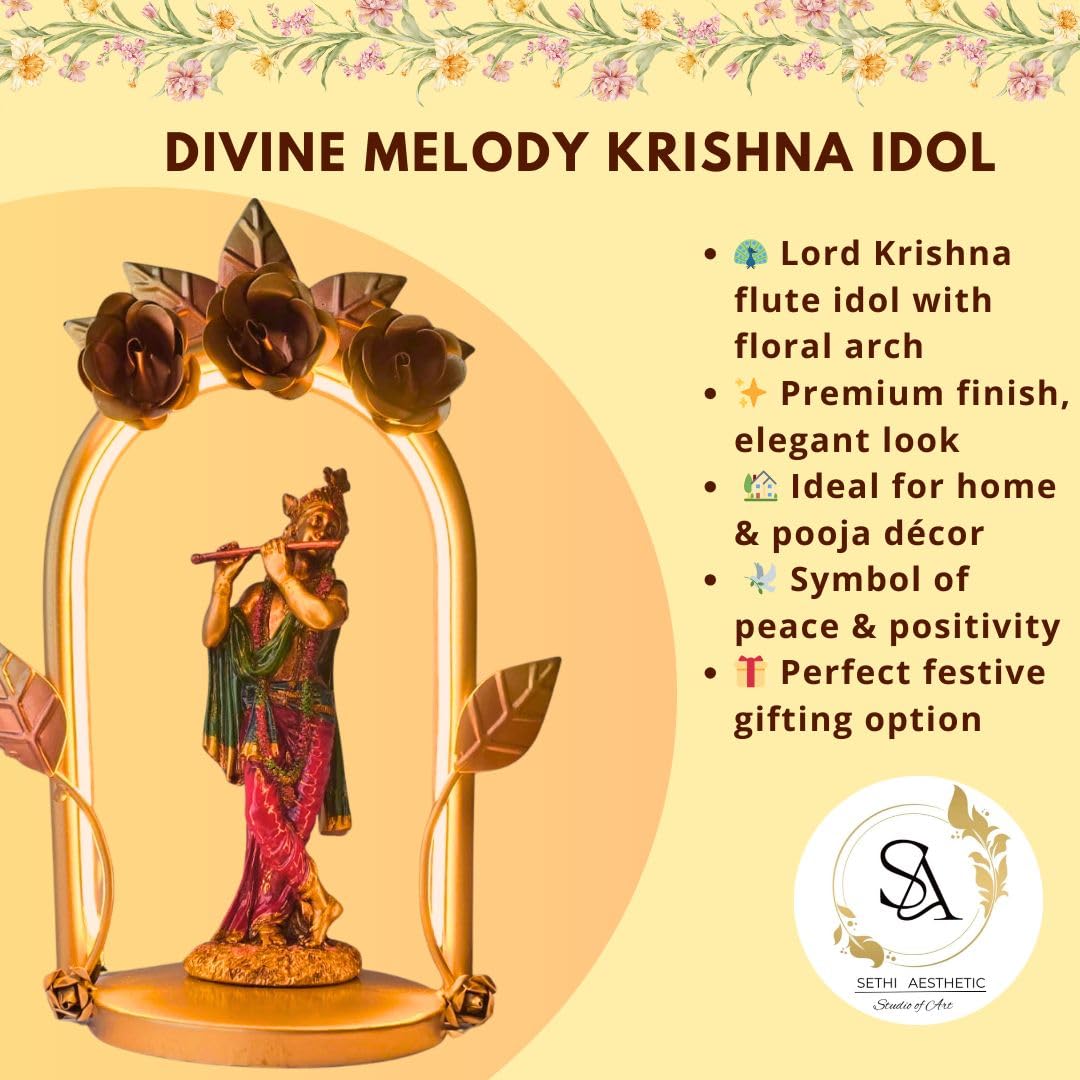 Lord Krishna Metal Figurine with LED Arch Frame | Handcrafted Decorative Showpiece for Home Temple