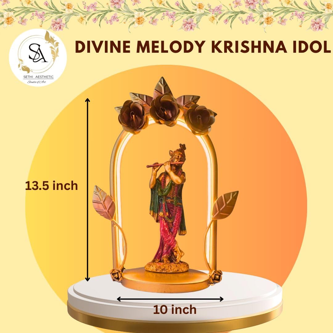 Lord Krishna Metal Figurine with LED Arch Frame | Handcrafted Decorative Showpiece for Home Temple