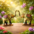 Handpainted Iron Elephant Showpiece with Colorful Ethnic Design,Lustrous Finish, Pack of 2, 7/6.5 Inch (Metal Elephant)