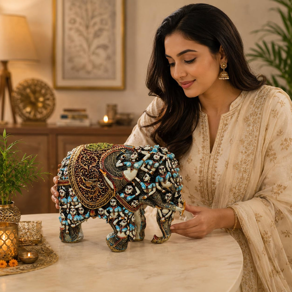 Handcrafted 3D Designer Elephant Statue for Home Décor –Polyresin | Symbol of Strength, Wisdom & Prosperity | Decorative Gift for Living Room & Office(Big Size-12/14) (Blue) (Copy)