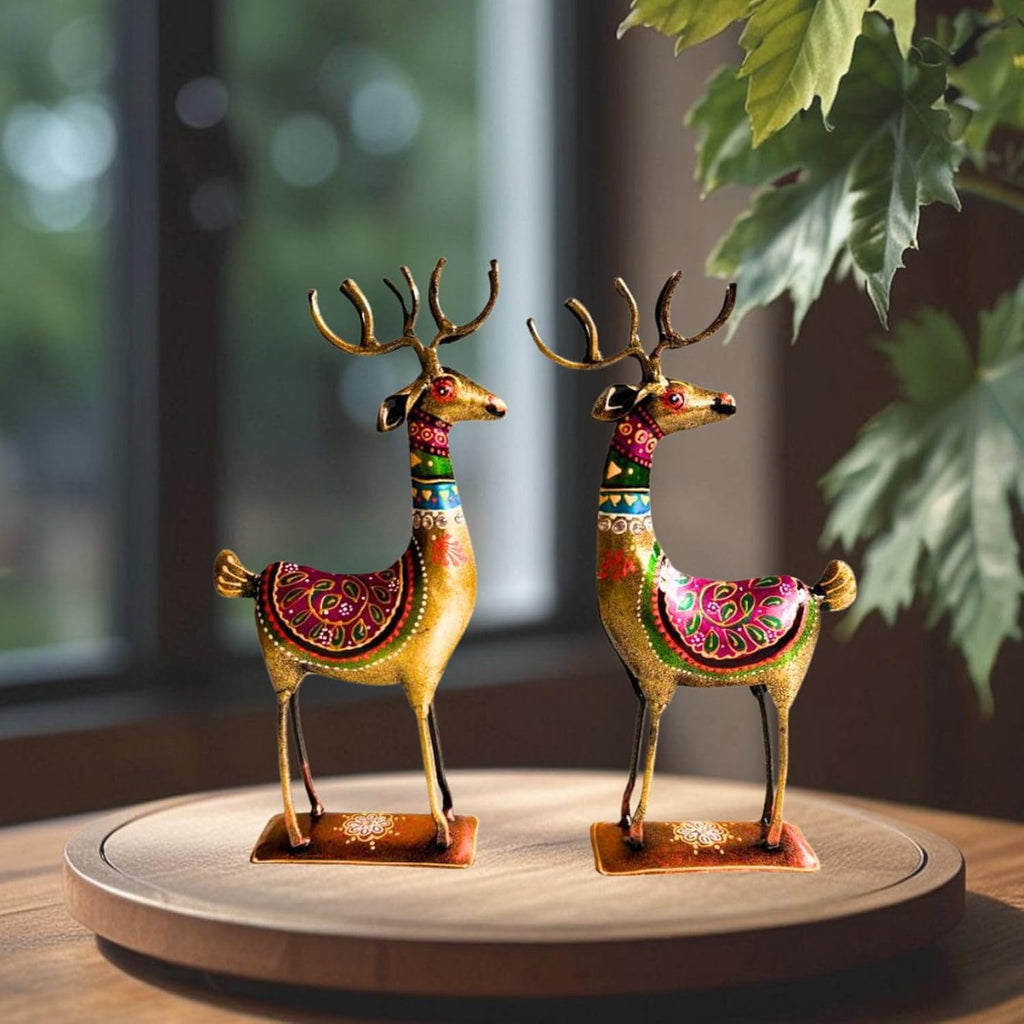 Handpainted Iron Deer Showpiece with Colorful Ethnic Design