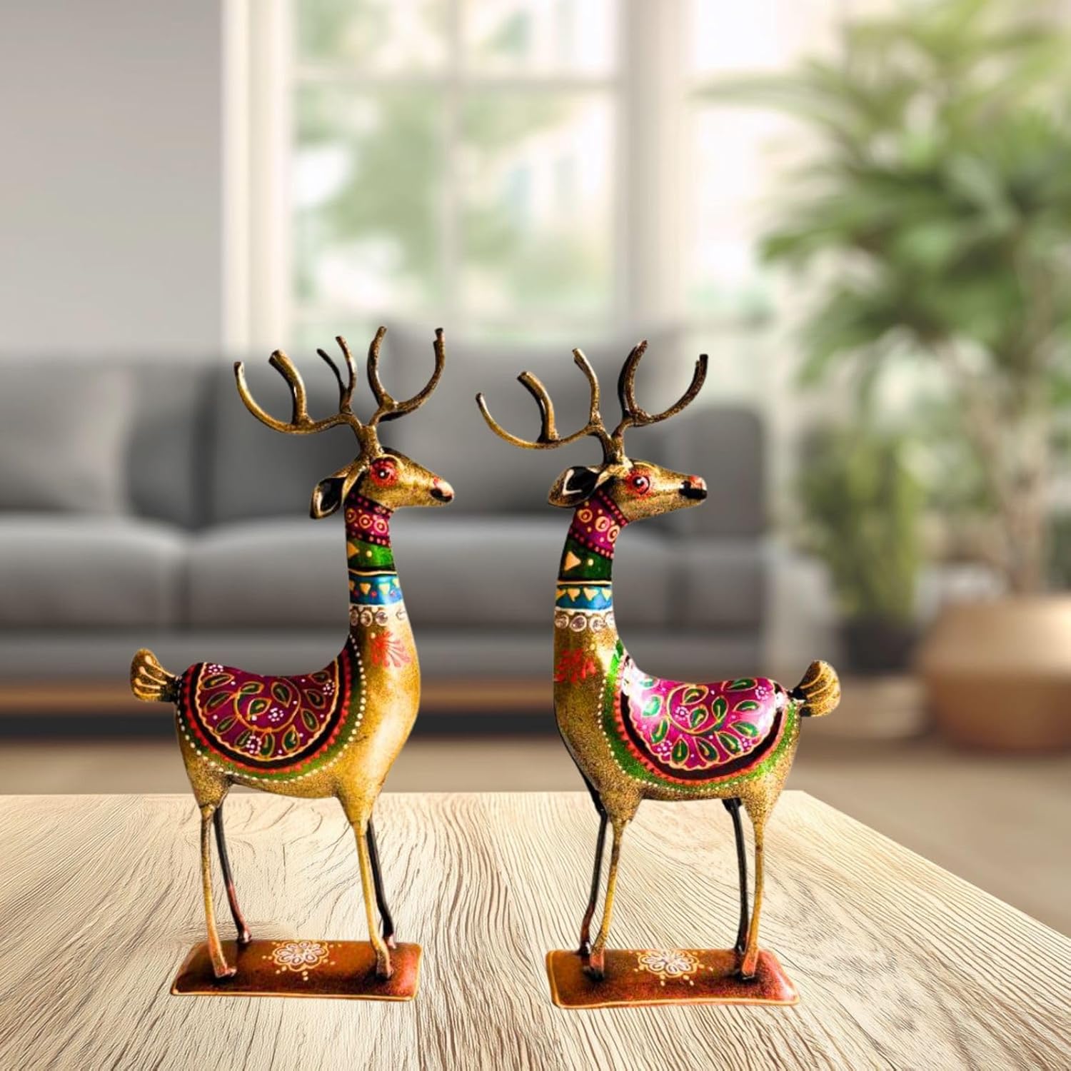 Handpainted Iron Deer Showpiece with Colorful Ethnic Design