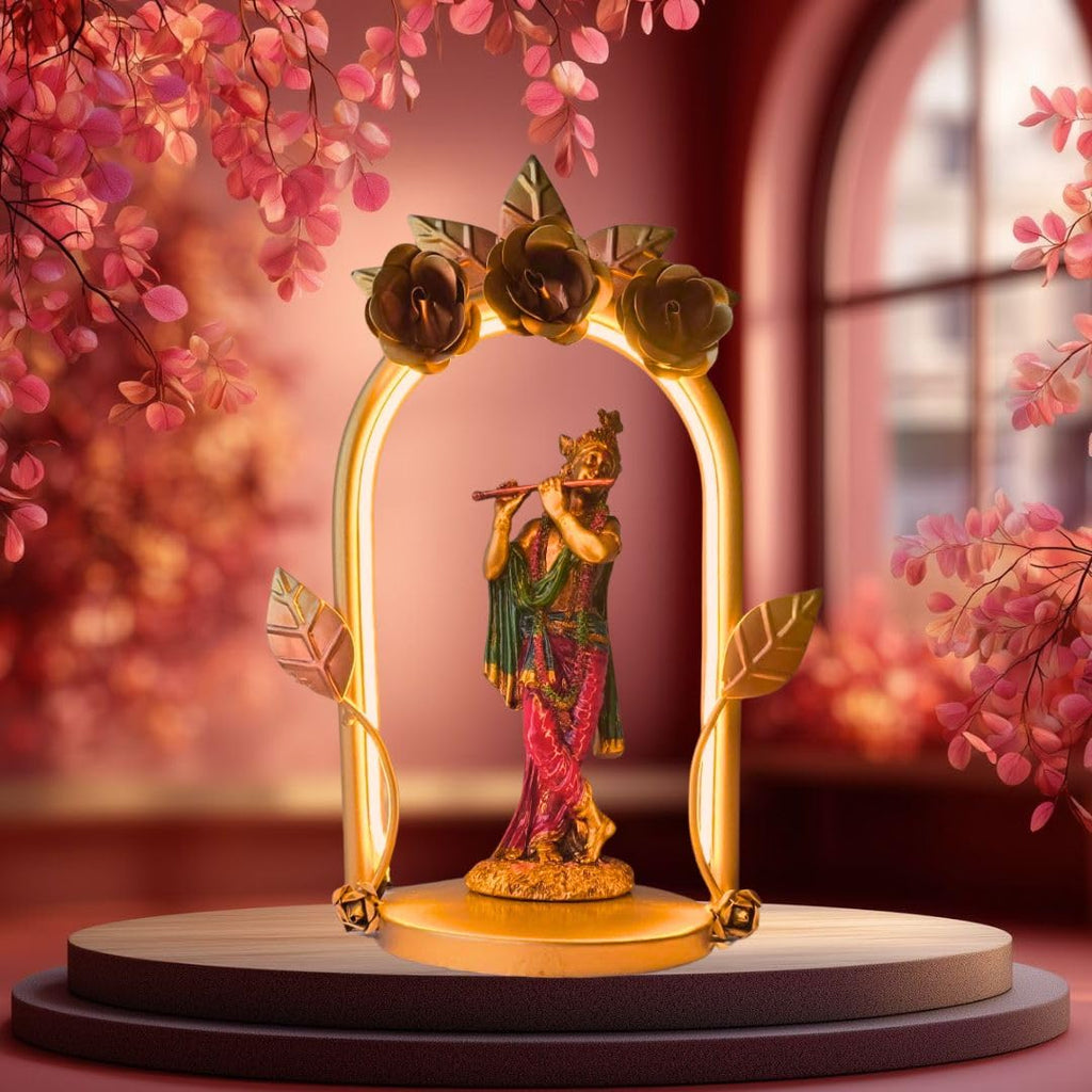 Lord Krishna Metal Figurine with LED Arch Frame | Handcrafted Decorative Showpiece for Home Temple
