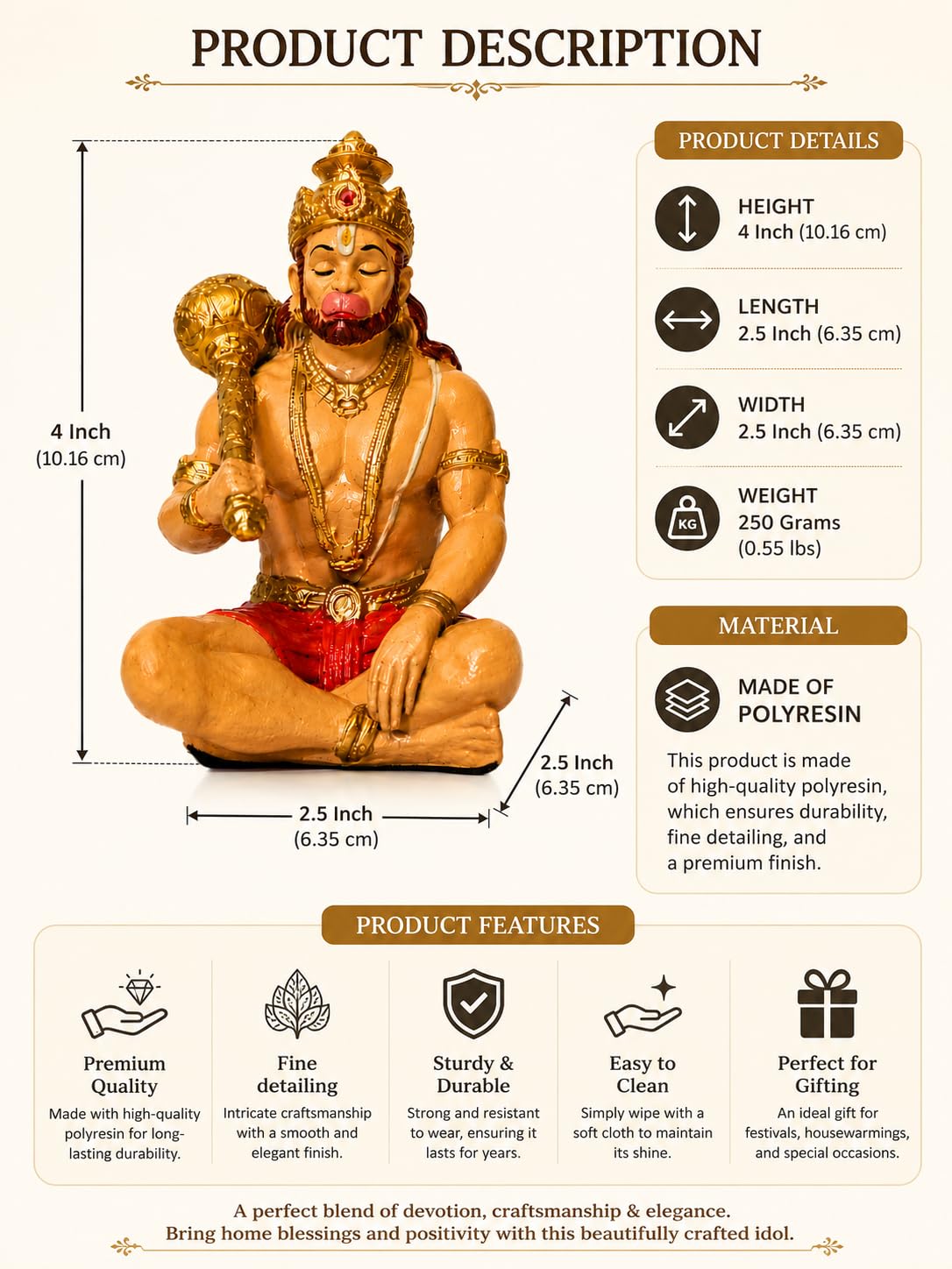 Hanuman Murti Idol for Car Dashboard, Home & Office Desk |