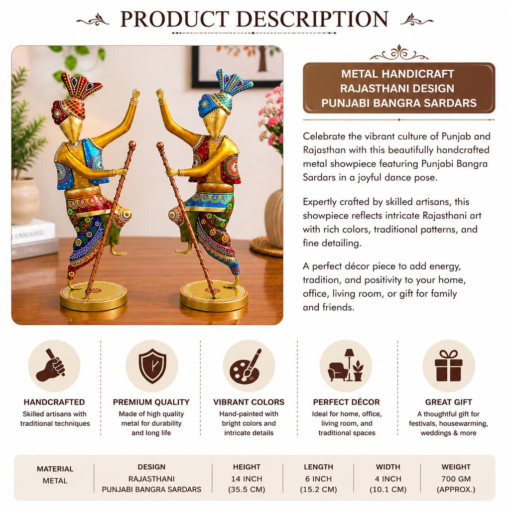 Handcrafted 14 Inch Metal Rajasthani Punjabi Bhangra Sardars Set of 2 |