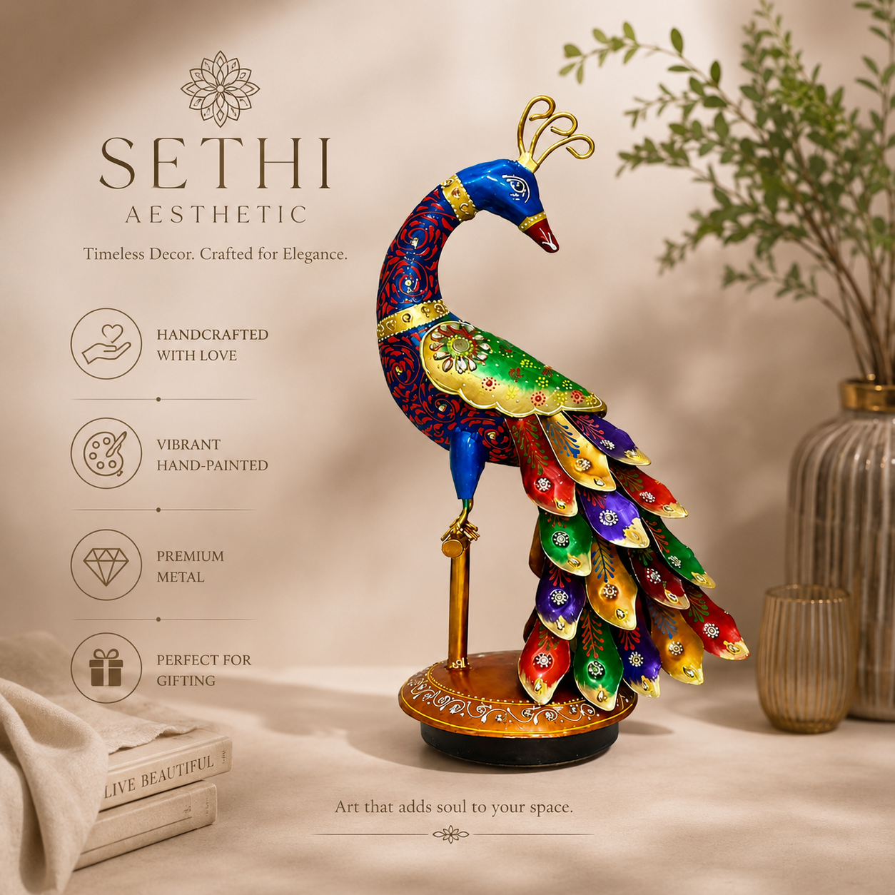 Metal designer peacock stand multicolour