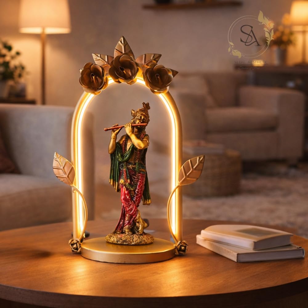 Lord Krishna Metal Figurine with LED Arch Frame | Handcrafted Decorative Showpiece for Home Temple