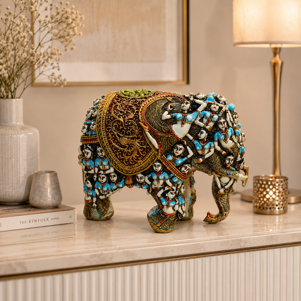 Handcrafted 3D Designer Elephant Statue for Home Décor –Polyresin | Symbol of Strength, Wisdom & Prosperity | Decorative Gift for Living Room & Office(Big Size-12/14) (Blue)