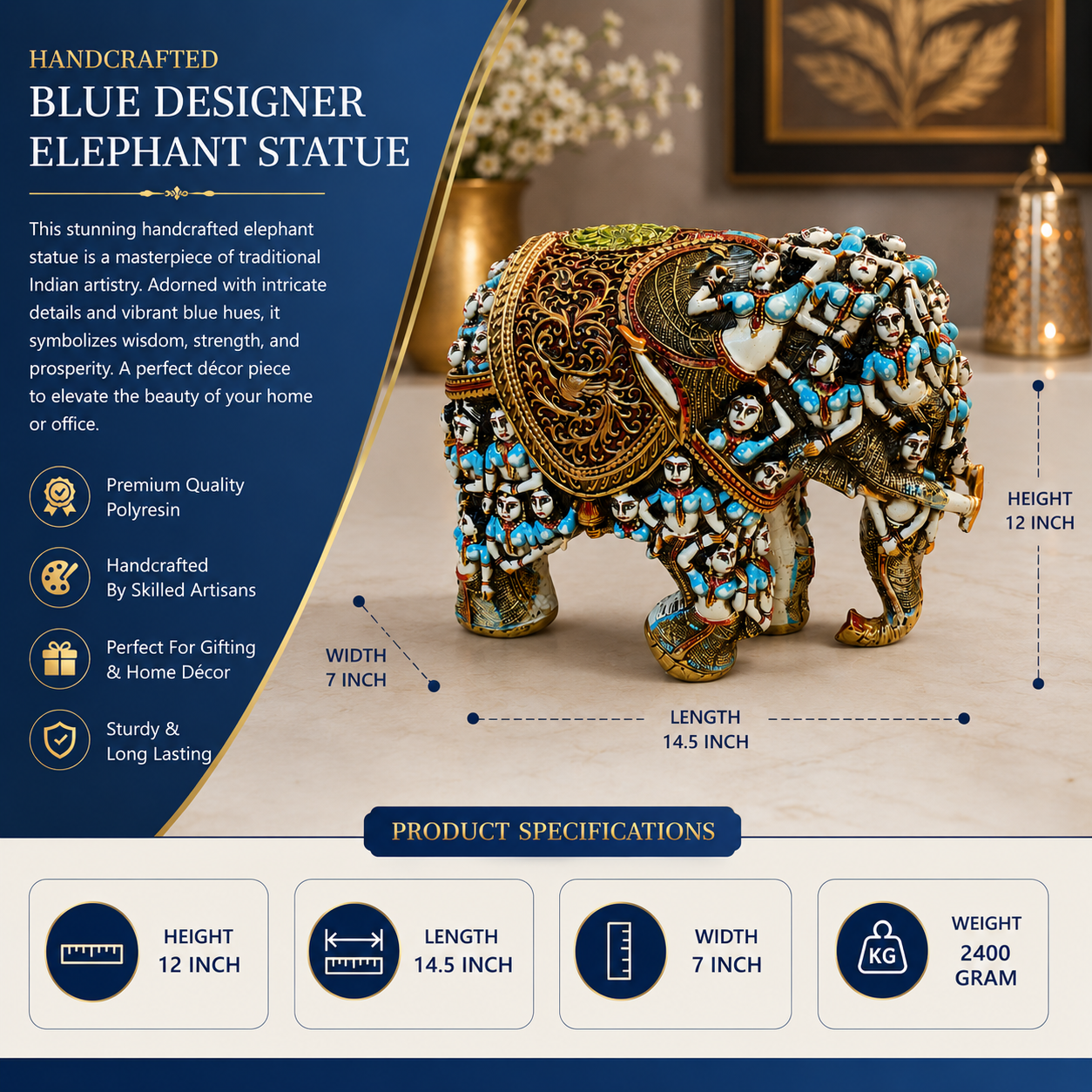 Handcrafted 3D Designer Elephant Statue for Home Décor –Polyresin | Symbol of Strength, Wisdom & Prosperity | Decorative Gift for Living Room & Office(Big Size-12/14) (Blue)