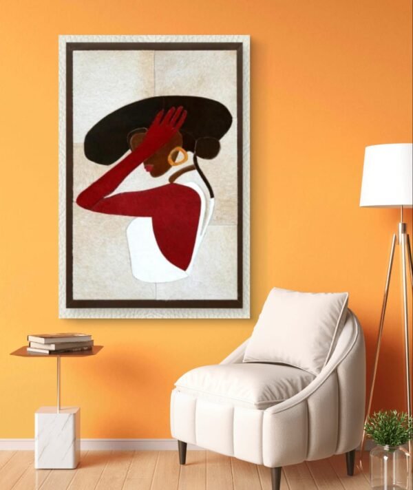 SETHI AESTHETIC Leather Wall Art decor Lady with Hat Painting, Large Framed, 20 x 28 inches, Living Room Bedroom Decor - Image 3