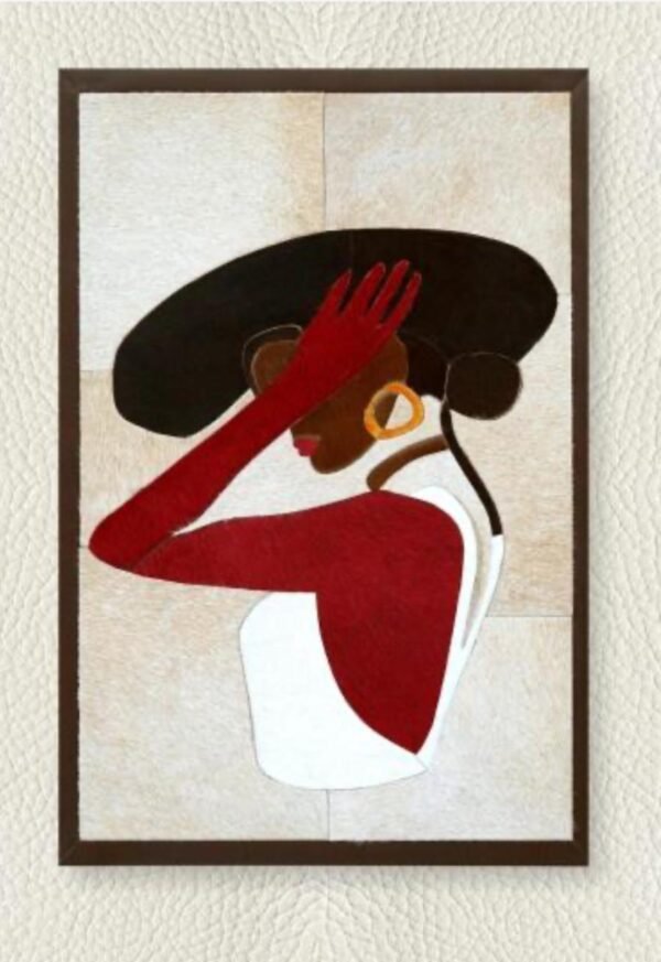SETHI AESTHETIC Leather Wall Art decor Lady with Hat Painting, Large Framed, 20 x 28 inches, Living Room Bedroom Decor