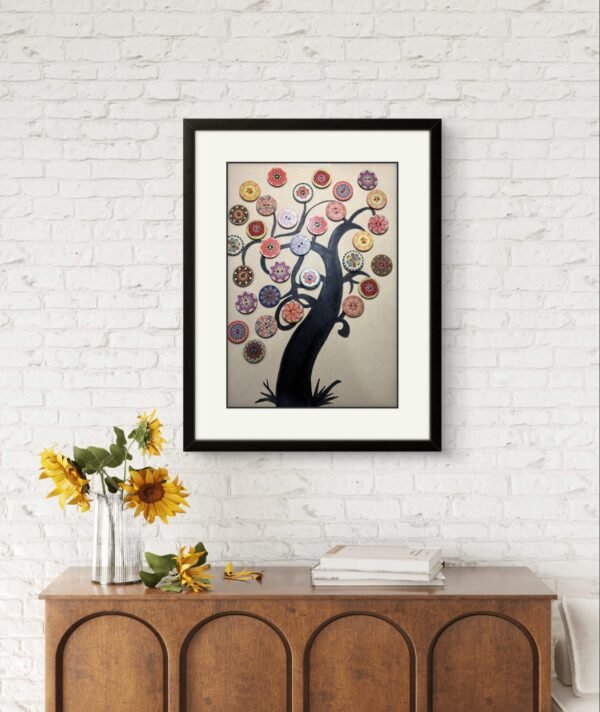 Handmade Wall Art Decor, Designer Home Decoration Button based Tree Painting for Wall Decoration - Living Room Big Size With Frame - Image 4