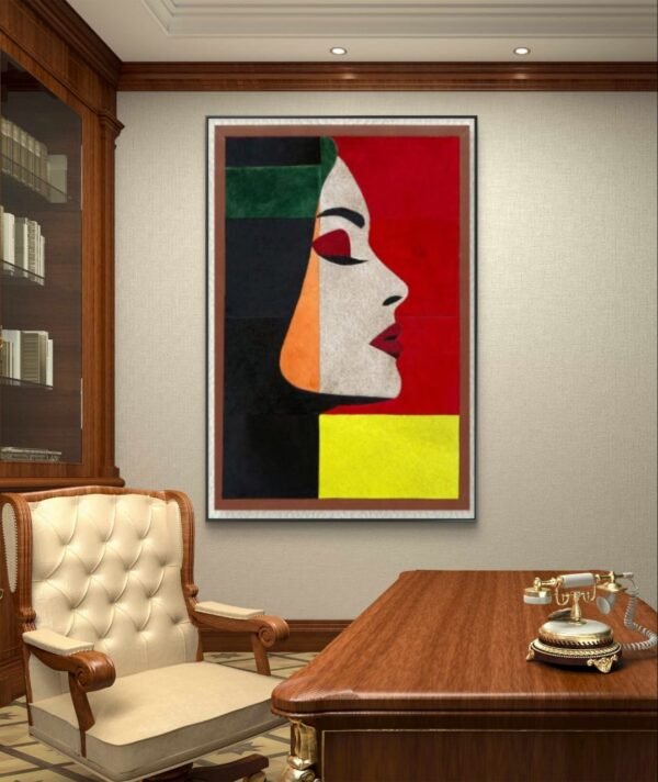 SETHI AESTHETIC Leather Wall Art Decor, Framed Lady Face Painting, 20 x 28 inches, Living Room and Office - Image 2