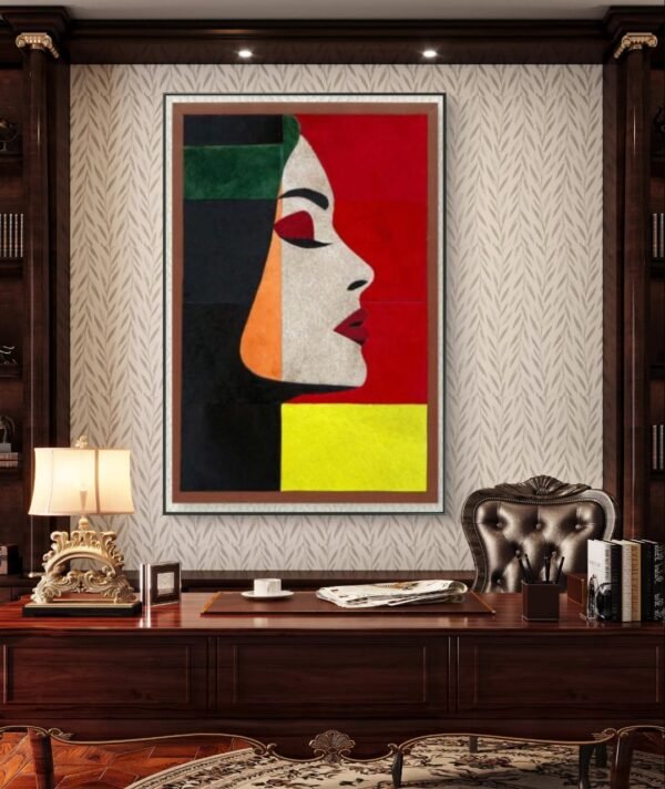 SETHI AESTHETIC Leather Wall Art Decor, Framed Lady Face Painting, 20 x 28 inches, Living Room and Office - Image 3