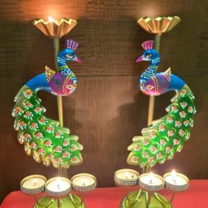 Hand Painted Rajasthani Peacock Tealight Holder pair