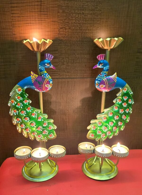 Hand Painted Rajasthani Peacock Tealight Holder pair