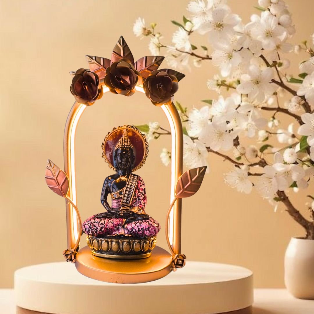 Lord Buddha Figurine with Metal Arch Frame & LED Light | Handcrafted Spiritual Tabletop Showpiece for Home, Office & Pooja Room | Multicolor | 10 x 6 x 13.5 Inch - Image 3