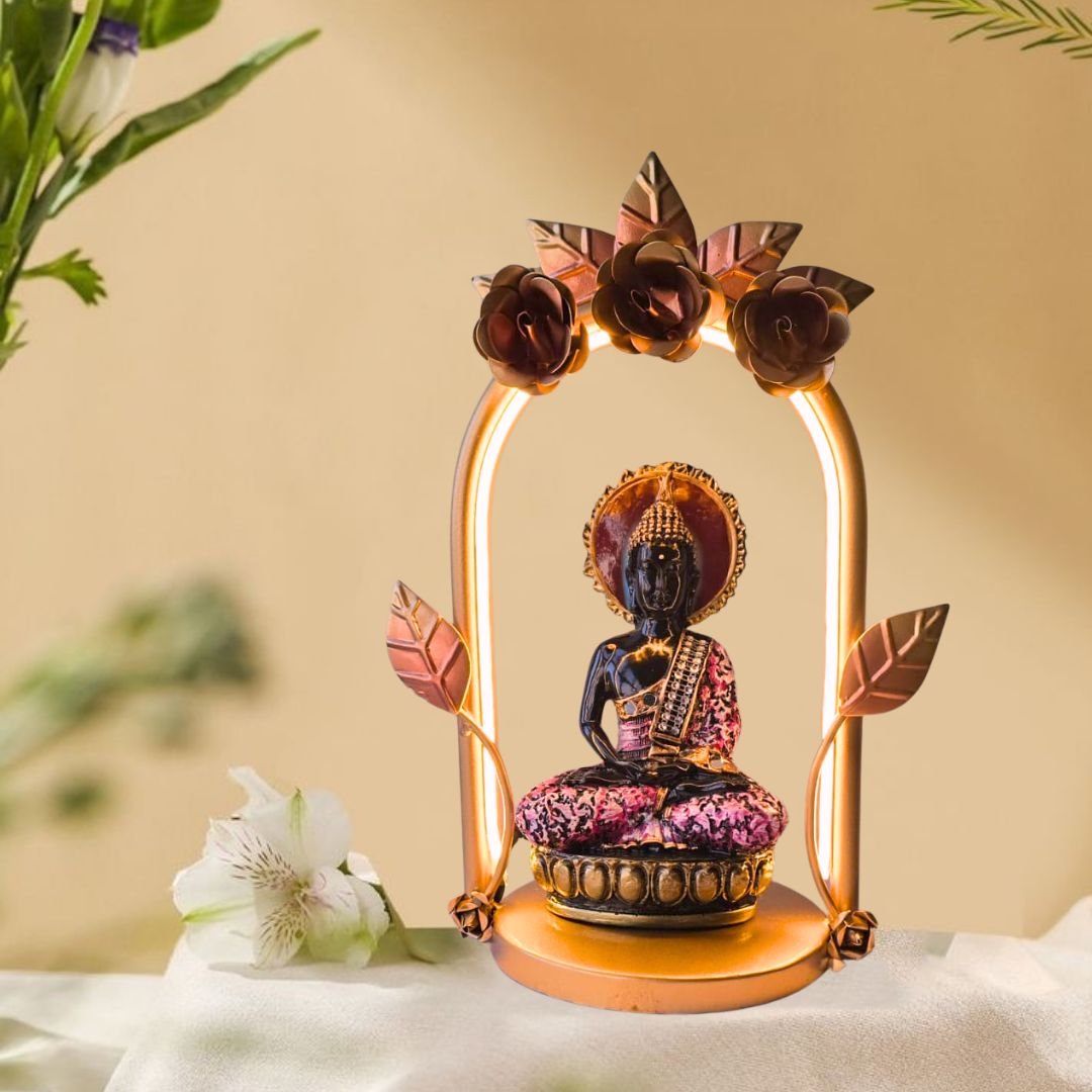 Lord Buddha Figurine with Metal Arch Frame & LED Light | Handcrafted Spiritual Tabletop Showpiece for Home, Office & Pooja Room | Multicolor | 10 x 6 x 13.5 Inch - Image 2